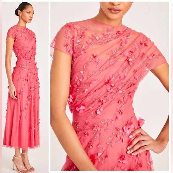 theia leona petal midi dress THEIA Leona Petal Midi Dress Pink Floral